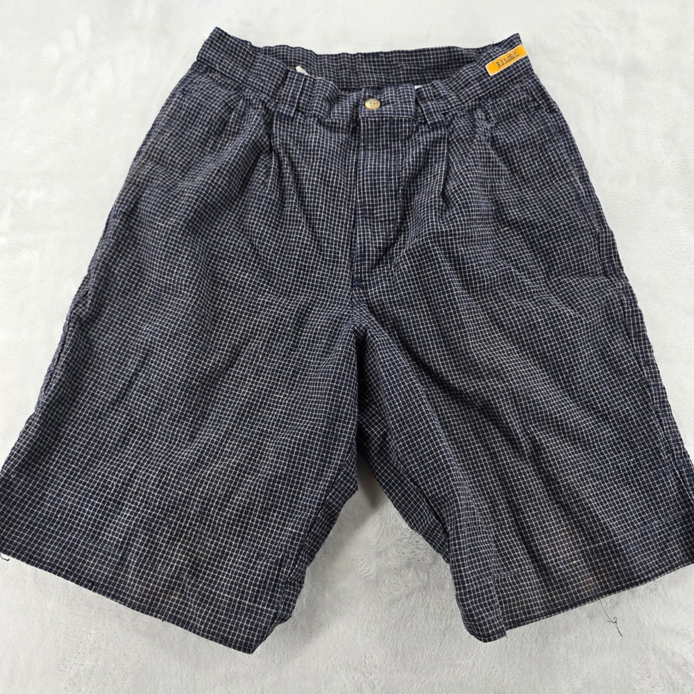 BD Baggies Mens Shorts 30 Blue Grid Pleated Ramie Cotton Vintage